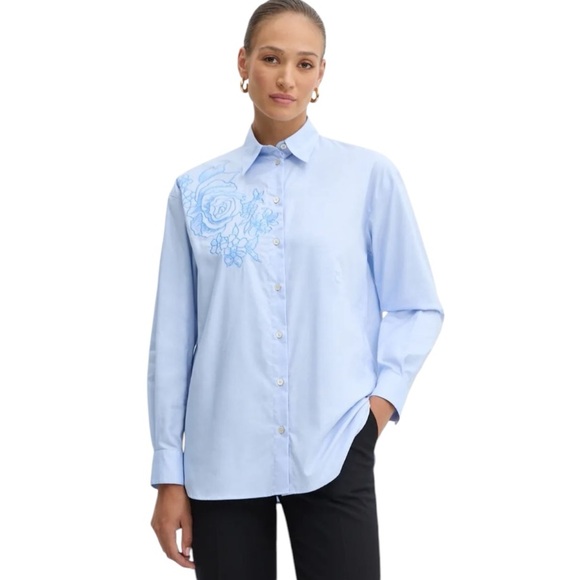 PINKO | Cartolina Embroidered Love Birds Cotton Oxford Shirt in Blue, US 4 - Picture 1 of 13